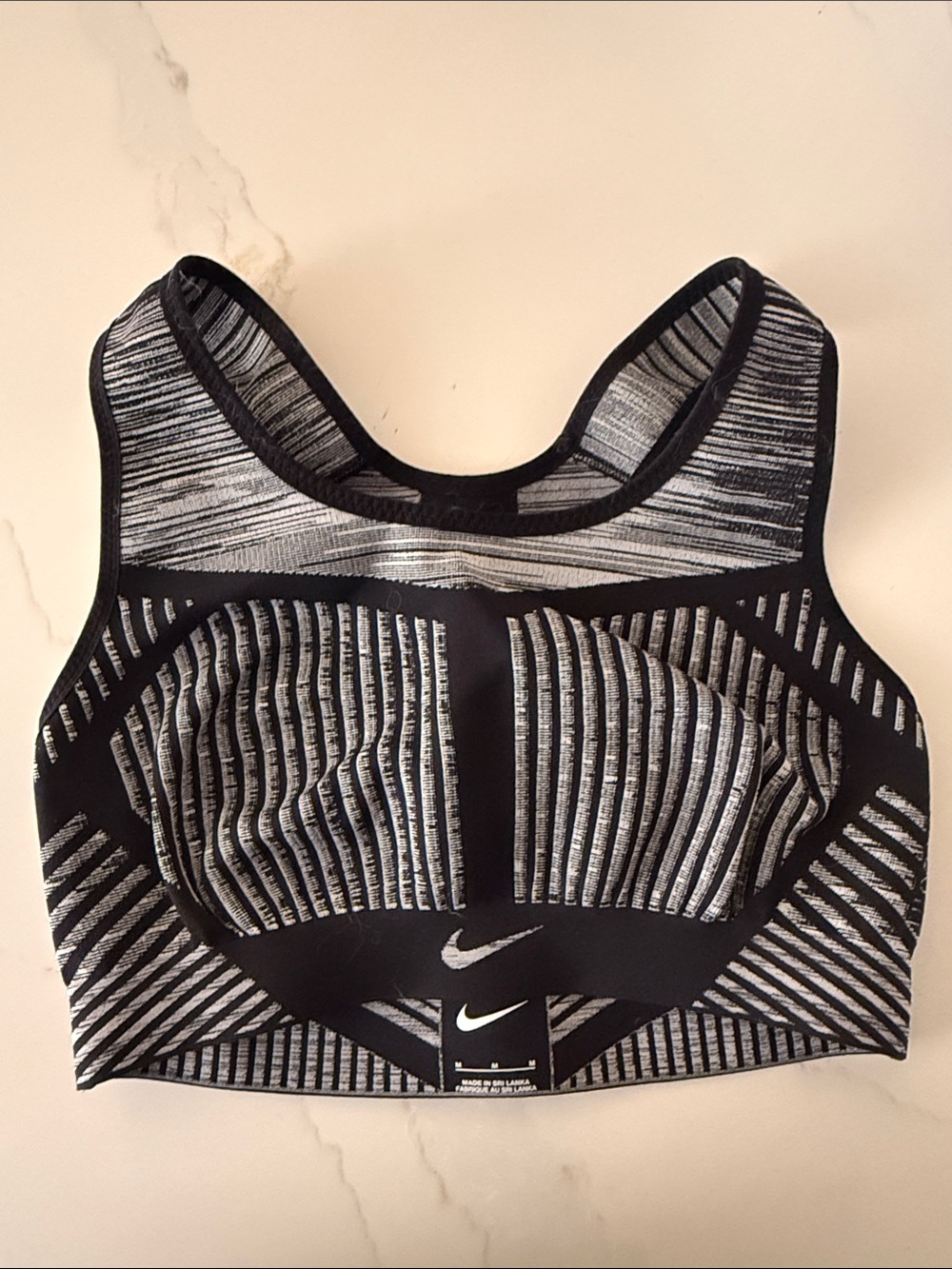 Nike Black and Gray Striped High-Impact Sports Bra